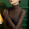 Striped High Neck Mesh Base Shirt for Women with A Transparent Black Fungus Edge Sexy Gauze Shirt Long Sleeved Lace Coffee Colored Top Thin