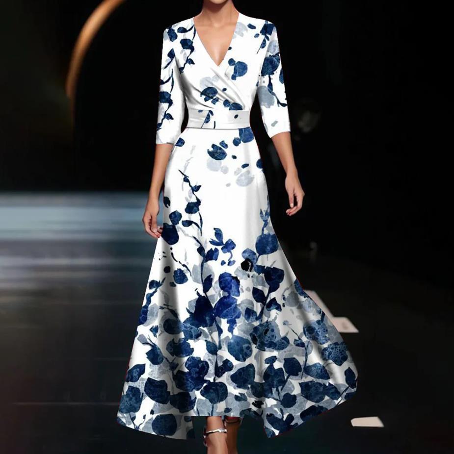 Summer Polyester 3d Effect Print Vneck Midi Dress For Office Chic Women
