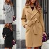 Women's Fashion Slim Belt Lapel Solid Color Woolen Coat Coat
