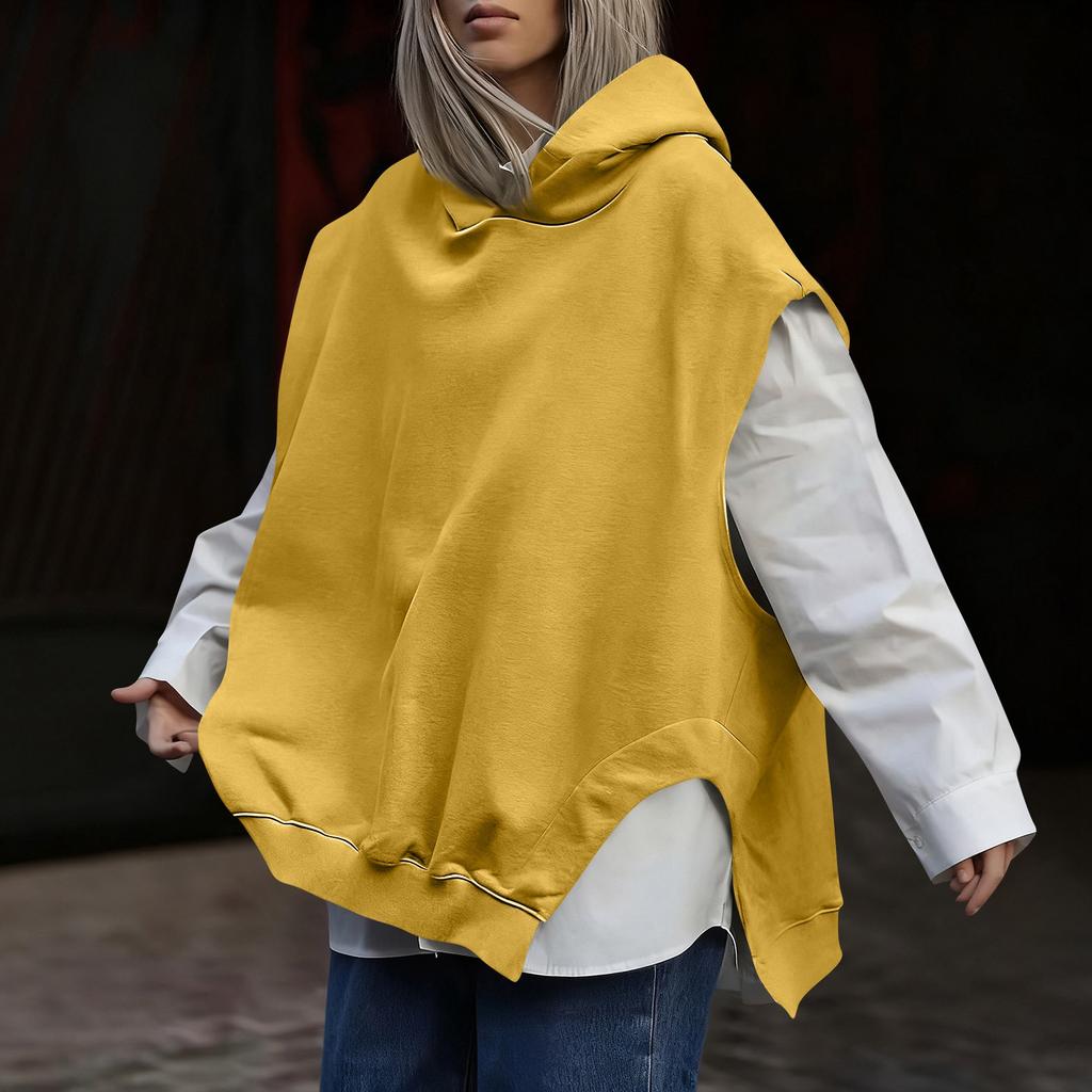 Women's Fashionable Solid Color Sleeveless Hooded Hem Asymmetrical Casual Pullover Vest Hoodie