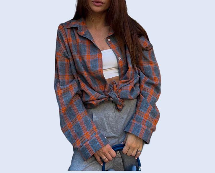 Женская ретро-рубашка в клетку с длинным рукавом, свободного кроя, с отложным воротником, для весны и осени