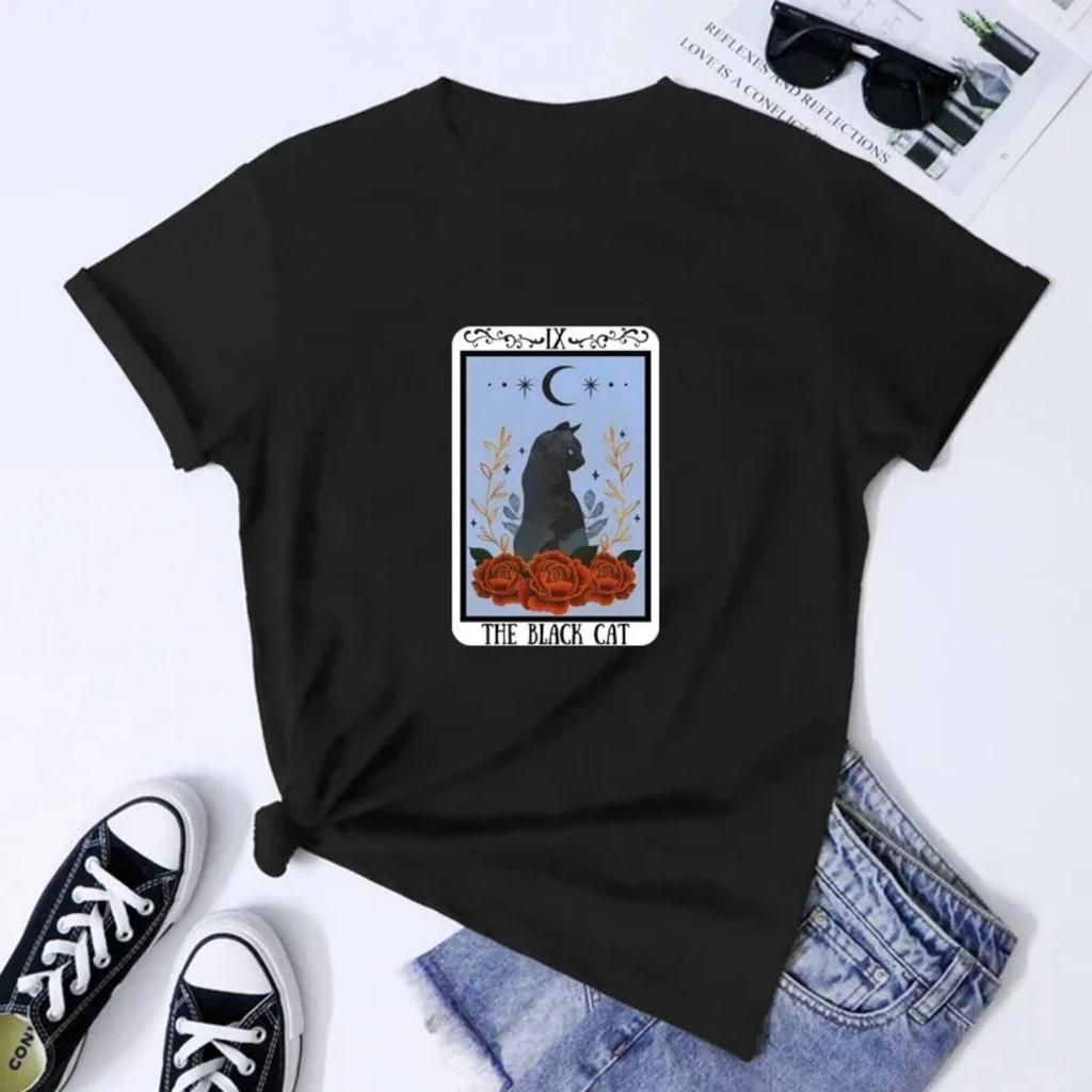Black Cat Tarot Card T-shirt Vintage Mystic Short Sleeved Round Neck Summer Outdoor Casual 's Clothing Y2k