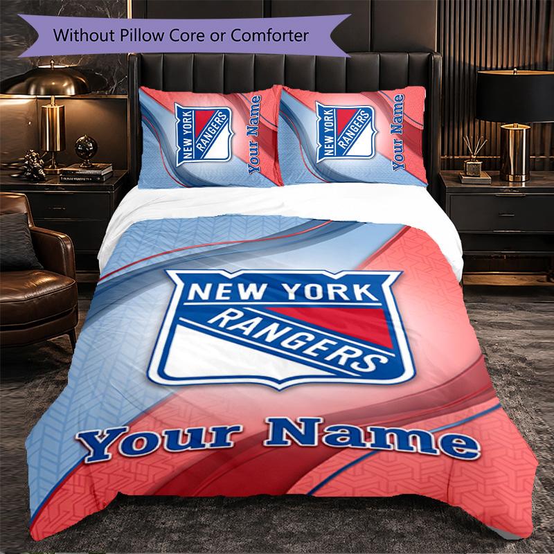 New York Rangers Customized Name Text Bedding Set, 1 Duvet Cover & 2 Pillowcases Personalized Bedroom Gift