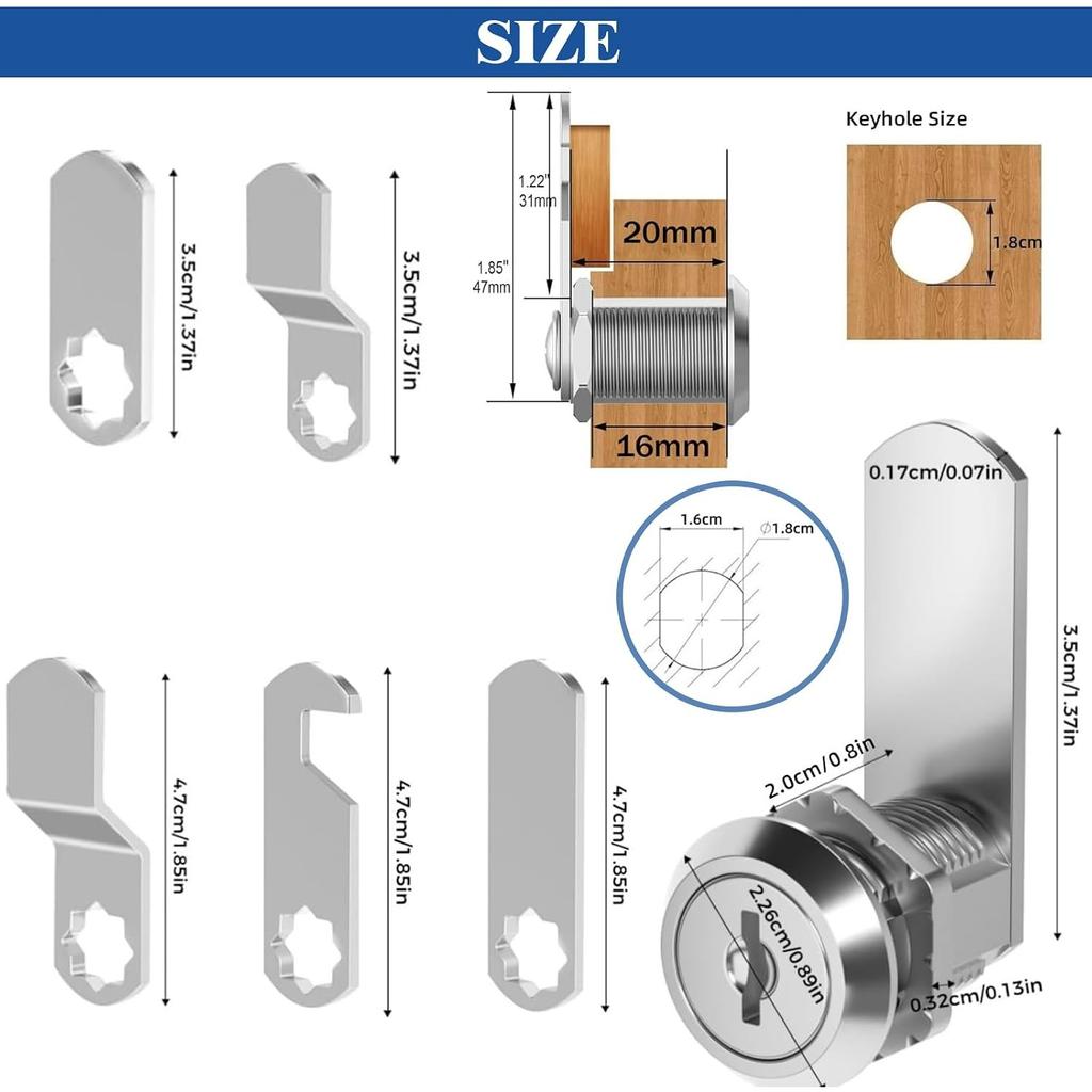 Cabinet Lock 20mm, Equipped with 5 Different Lock Plates, 5 Key Locker Locks,Cam Lock with Spanner and Screwdriver,Locker Locks Suitable for Mailboxes
