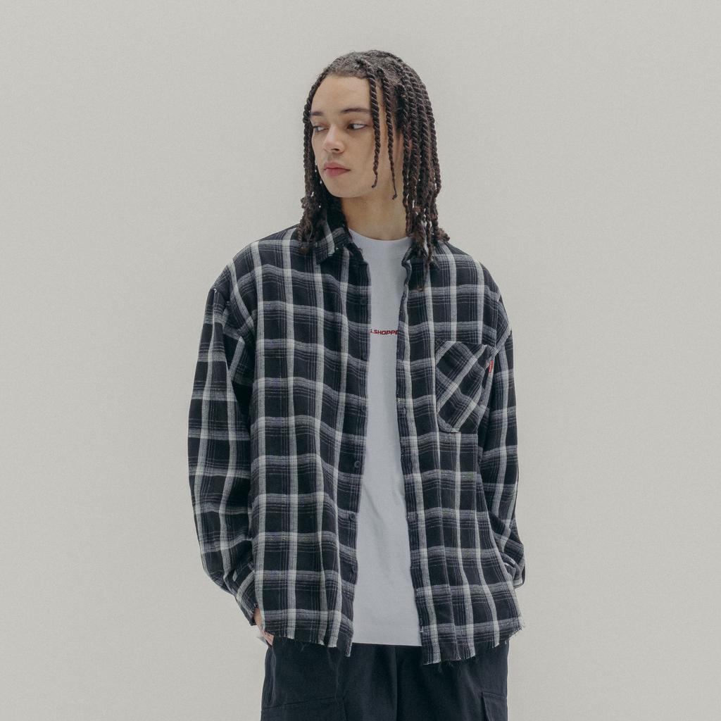 PSSHOPPER Oversized Damaged Wash Check Shirt [Black]