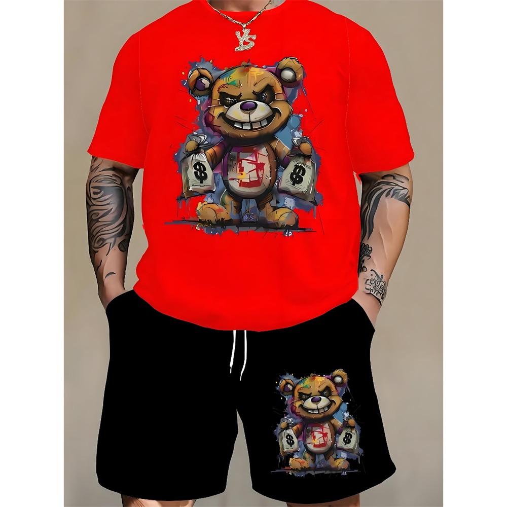 Summer Everyday Casual Men's Short Sleeve Shorts Set Colorful Bear Print Men's T-shirt And Colorful Graffiti Print Shorts Set