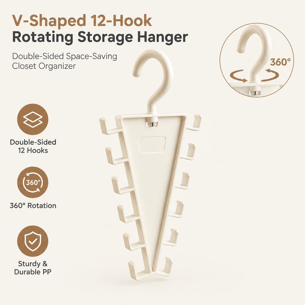High-quality V-shaped 12-hook rotating hanger, 360 ° double-sided wardrobe storage rack, milky white, one