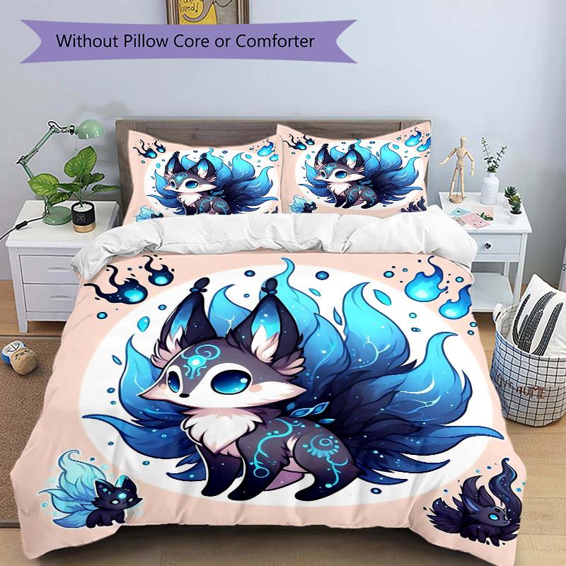 3pcs Cute Fox Material Quilt Cover Set - Soft & Comfortable Polyester Fabric, All-Season Breathable Comforter Set For 1 Quilt Cover & 2 Pillowcas