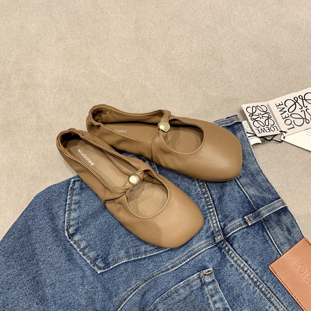 Версия из овчины~ Виноградная мать, та же самая изогнутая маленькая золотая пряжка, яблочная голова, мягкие восковые туфли на плоской подошве, женские туфли Мэри Джейн с мелким вырезом