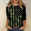 Летняя женская мода, повседневная рубашка с рукавом три четверти, пуловер с круглым вырезом и принтом в честь Дня независимости, топ, блузка