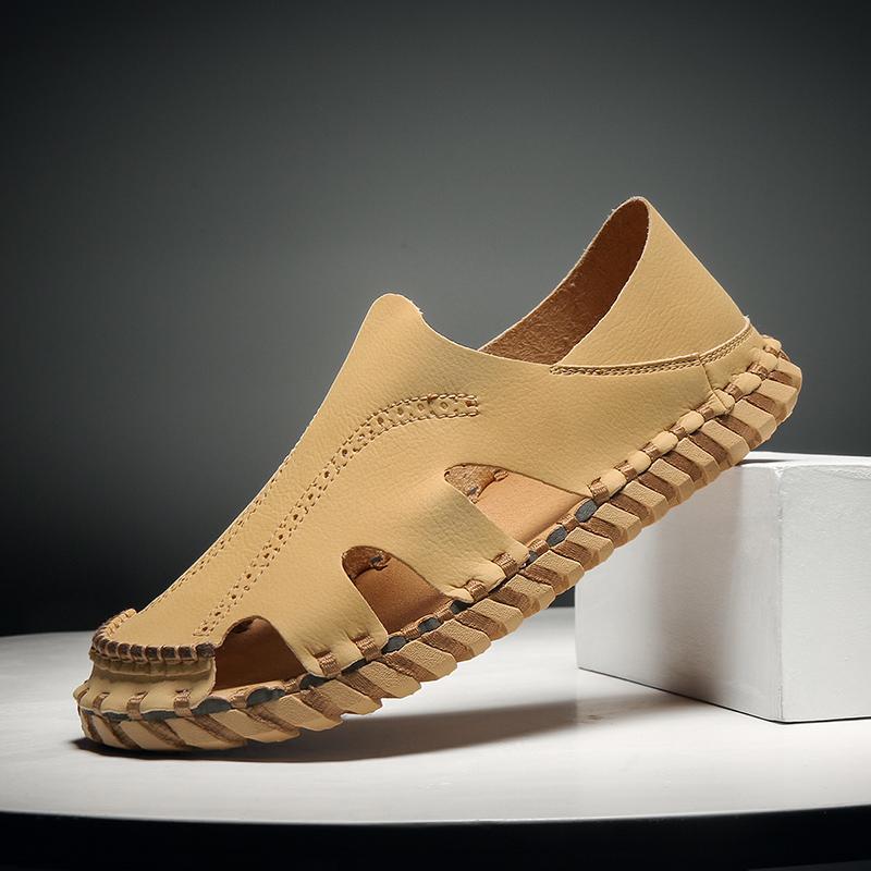 Сандалии мужские из натуральной кожи, прочные, ручной работы, пляжная обувь, противоударный носок, мужские летние туфли на плоской подошве, нескользящие, для дома и улицы