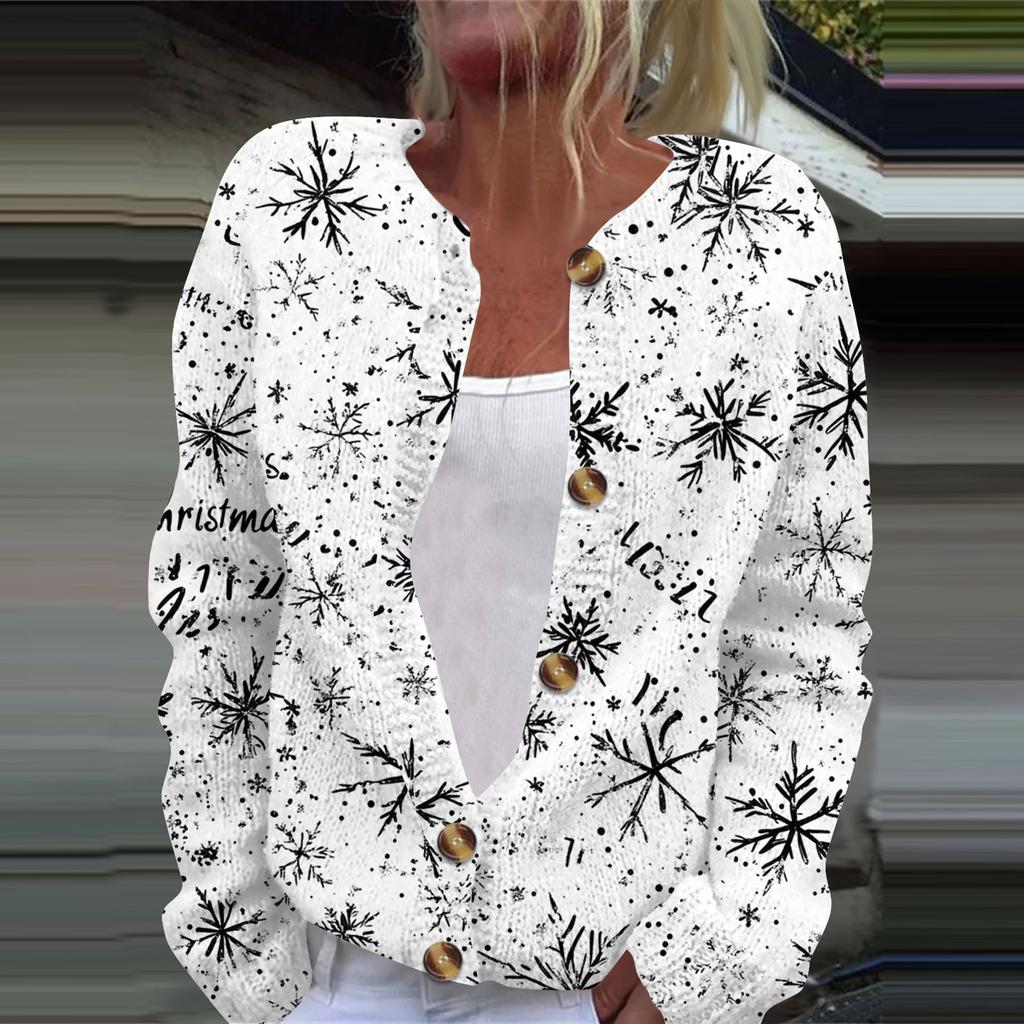 Women's Fashion Christmas Printed Long Sleeve Knitted Cardigan Button Down Jacket