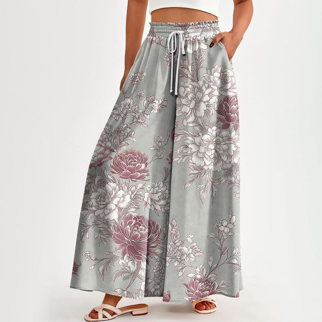 Женские брюки с высокой талией, широкие, повседневные, струящиеся брюки-палаццо, брюки с цветочным принтом и карманом