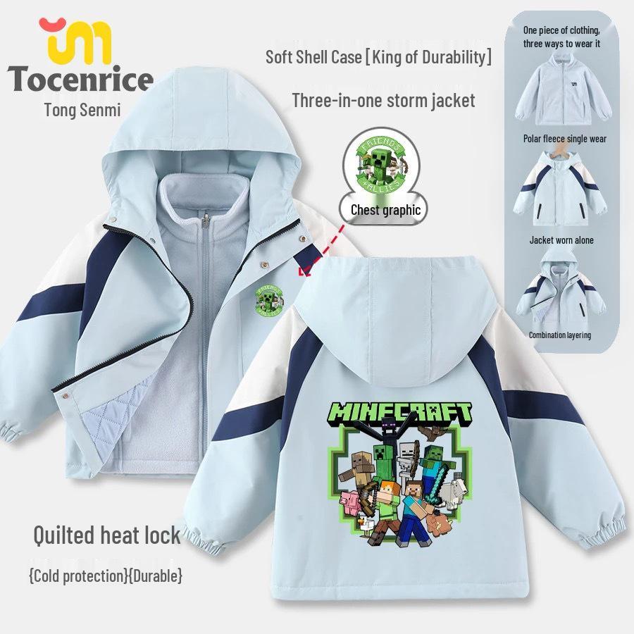Детская ветровка Minecraft, средний/большой размер, с мультяшным принтом: Мягкаяshell куртка 3-в-1 Осень/Зима