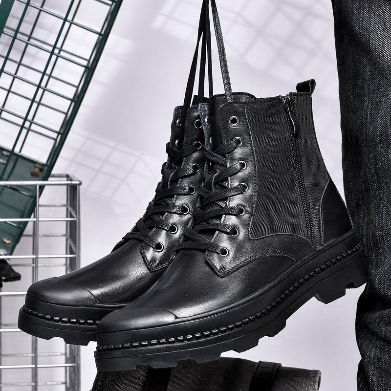 Мужские повседневные ботинки, классические черные уличные ботинки, высококачественные ботинки из натуральной кожи для мужчин, мотоциклетные ботинки с толстой подошвой, мужские ботинки