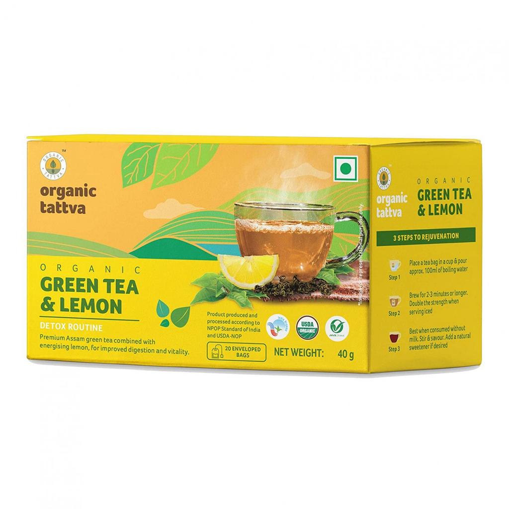 Assam Green Tea with Lemon (20 Pack, 2 G), Organic Green Tea & Lemon, Organic Tattva