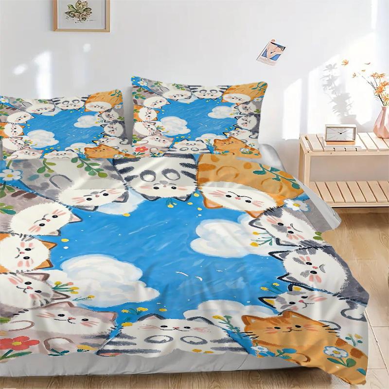 3pcs Sunny Days and Cats Quilt Cover Set - Soft & Comfortable Polyester Fabric, All-Season Breathable Comforter Set For 1 Quilt Cover & 2 Pillowc