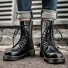 Fashion Men'S Boots Casual Leather Shoes Men Vintage Lace-Up Punk Motocross Boots Male Black Spring Autumn Handmade Footwear