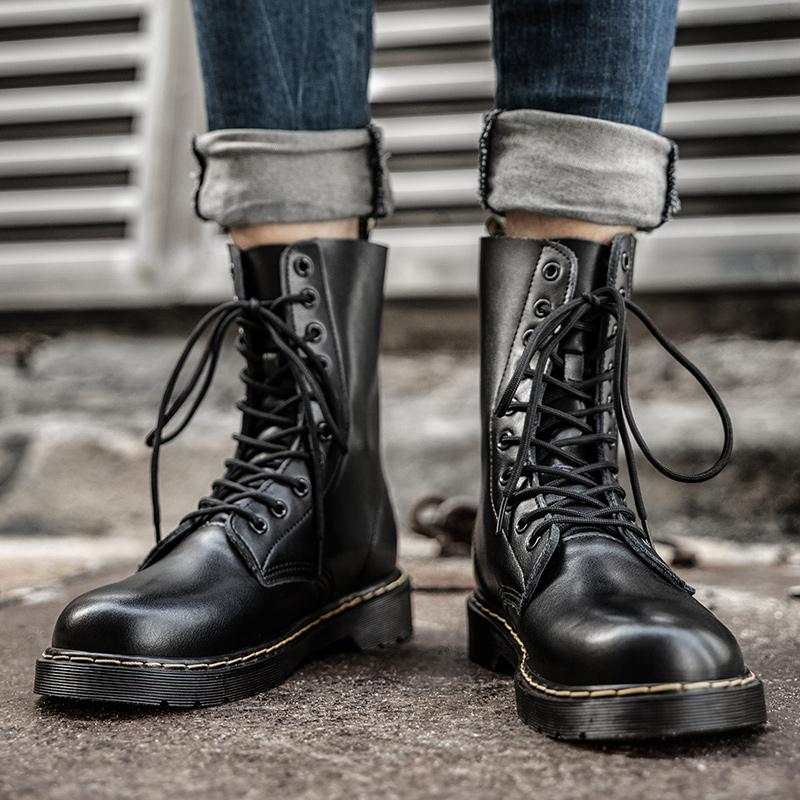 Fashion Men'S Boots Casual Leather Shoes Men Vintage Lace-Up Punk Motocross Boots Male Black Spring Autumn Handmade Footwear