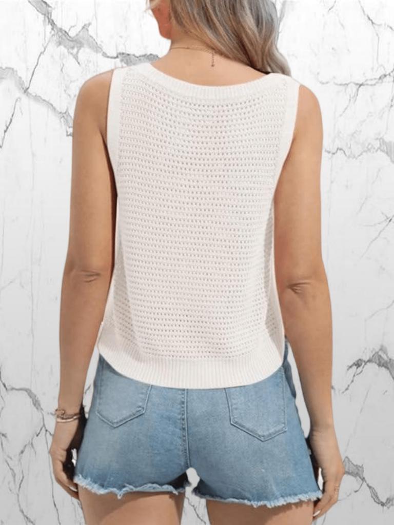 Women's Sleeveless Crochet Knit Tank Top Crew Neck Hollow Out Casual Summer Pullover