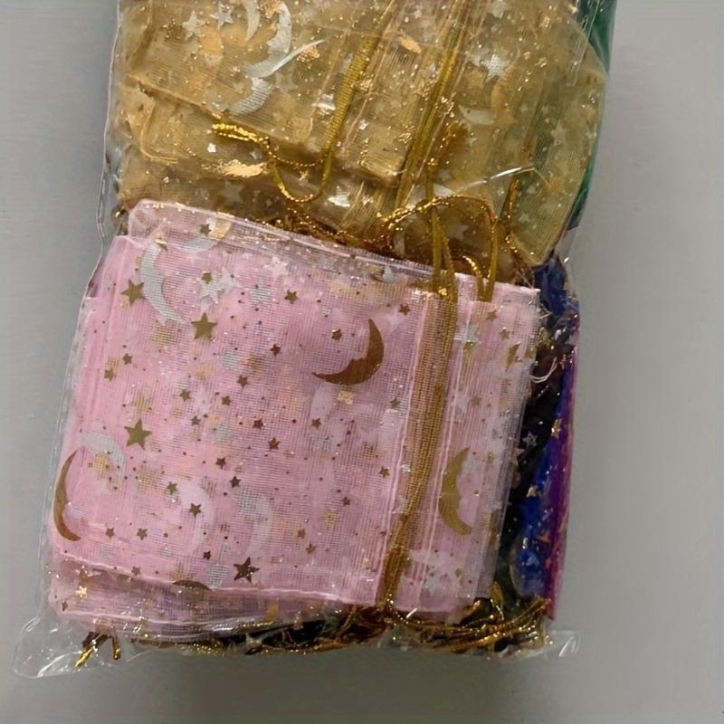 100pcs Moon Star Drawstring Organza Bag, Mixed Color Jewelry Pouch Gift Candy Bag, Valentine's Day Christmas Gift Package Display Storage Bag
