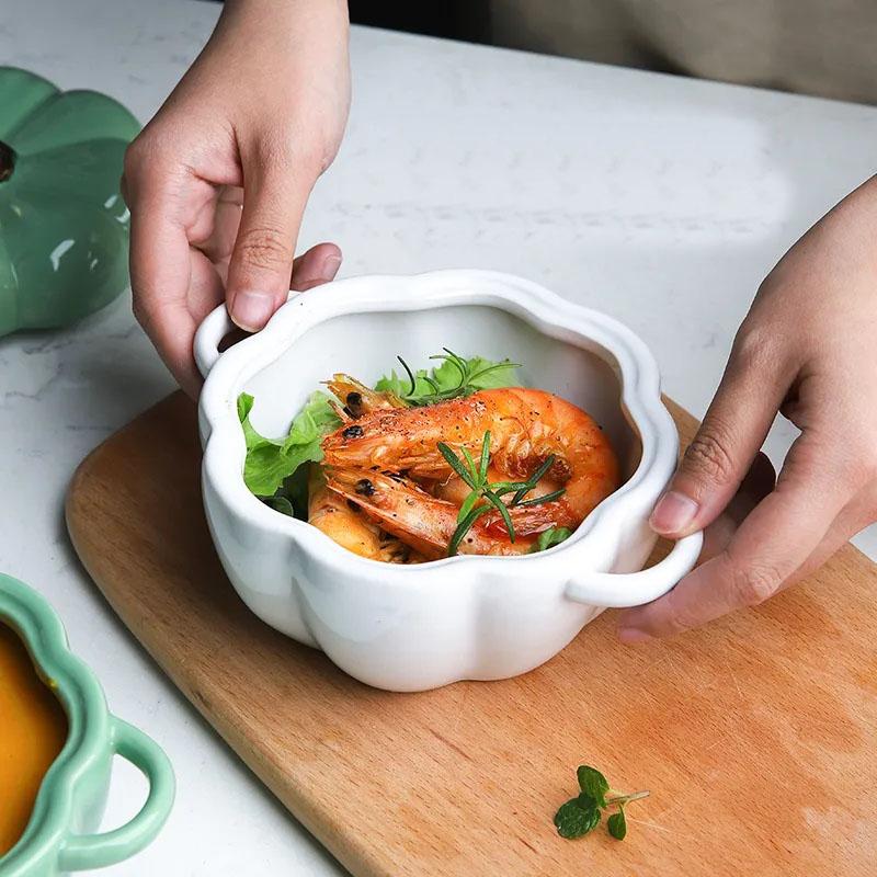 Pumpkin Bowl Soup Cup with Lid Baking Bowl Ceramic Rice Bowl Baking Tableware Dessert Bowl Soup Bowl Ceramic Tableware