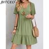 Женская мода лето весна сплошной цвет печати короткий рукав V-образным вырезом повседневные платья