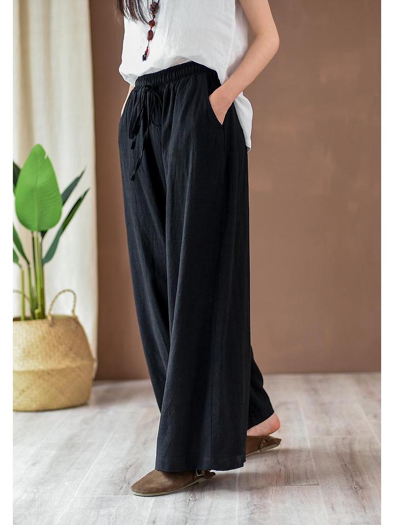 Летние женские ретро брюки широкого кроя из хлопка и льна 2025