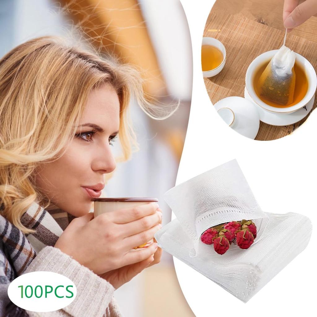 YFFSFDC Одноразовые чайные пакетики, 100 штук, нетканые чайные пакетики с завязками для черного чая, зеленого чая, ячменного чая и кофейные фильтры (8 см x 12 см)