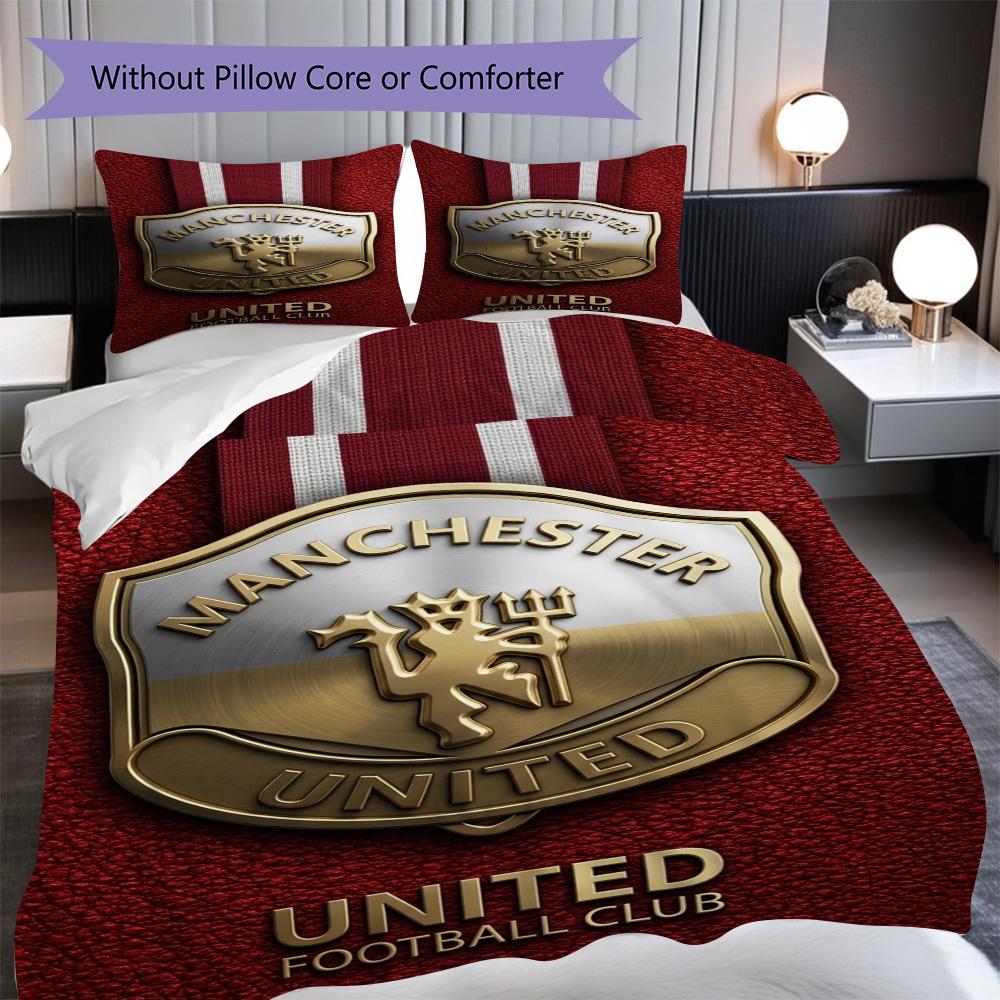 Manchester Glory Emblem Three-piece set (1 * duvet cover + 2 * pillowcase, without core) 2D Flat Christmas birthday gift Soft and comfortable