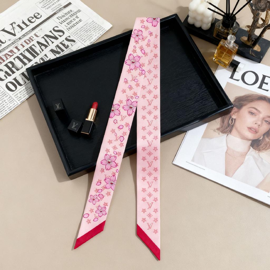 Heavy twill silk scarf, small fragrance style, long strip, thin tie bag, ribbon decorative streamer, neck band, hair band double C