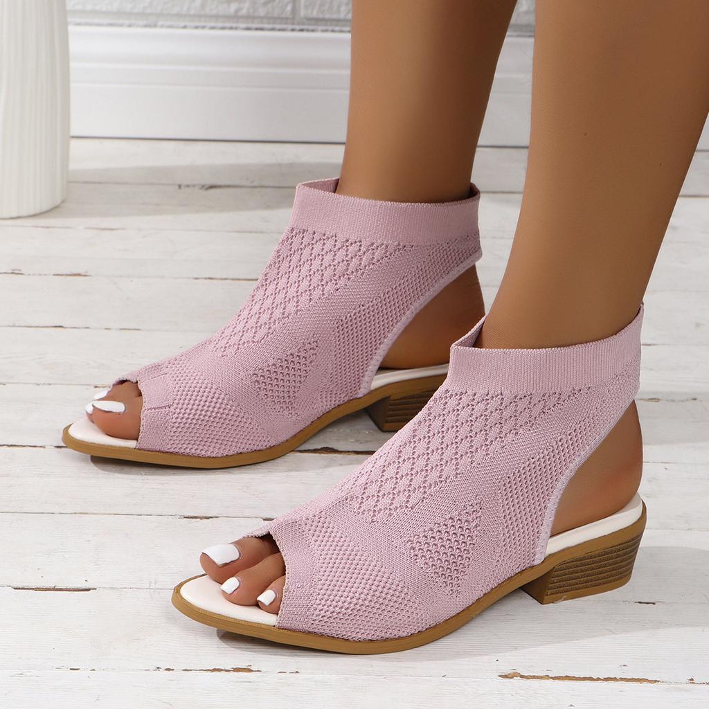 Большие размеры вязаные женские босоножки на толстом каблуке однотонные летние туфли без застежек на среднем каблуке с открытым носком сандалии женские