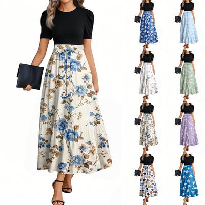 Женское модное повседневное платье с коротким рукавом и круглым вырезом с цветочной вышивкой, элегантное, темпераментное