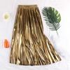 Women Elegant Causal Elastic Shiny Metal Color Long Pleated Skirt Autumn Fashion High Waist A-Line Skirts