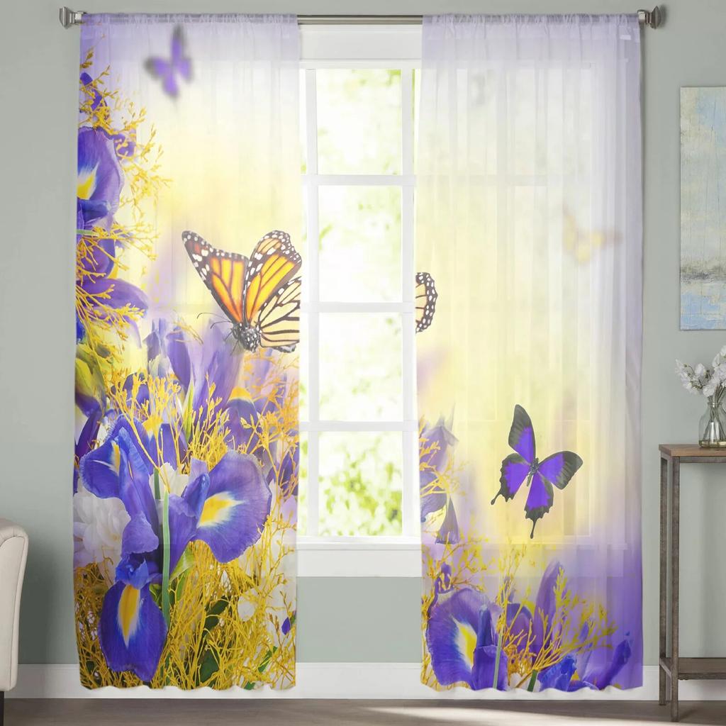 Iris Butterfly Spring Tulle Curtains for Bedroom Hall Living Room Decor Chiffon Curtain for Balcony Kitchen Home Drapes