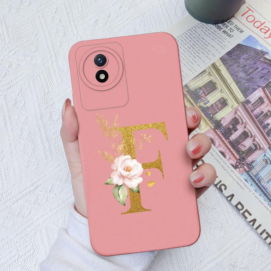 Чехол для телефона Vivo Y02S Y11 Y12 Y15 Y16 Y17 Y19 Y20 Y21 Y30 4G 5G Роскошный защитный жидкий мягкий силиконовый чехол с цветочными буквами для Vivo Bumper Coque