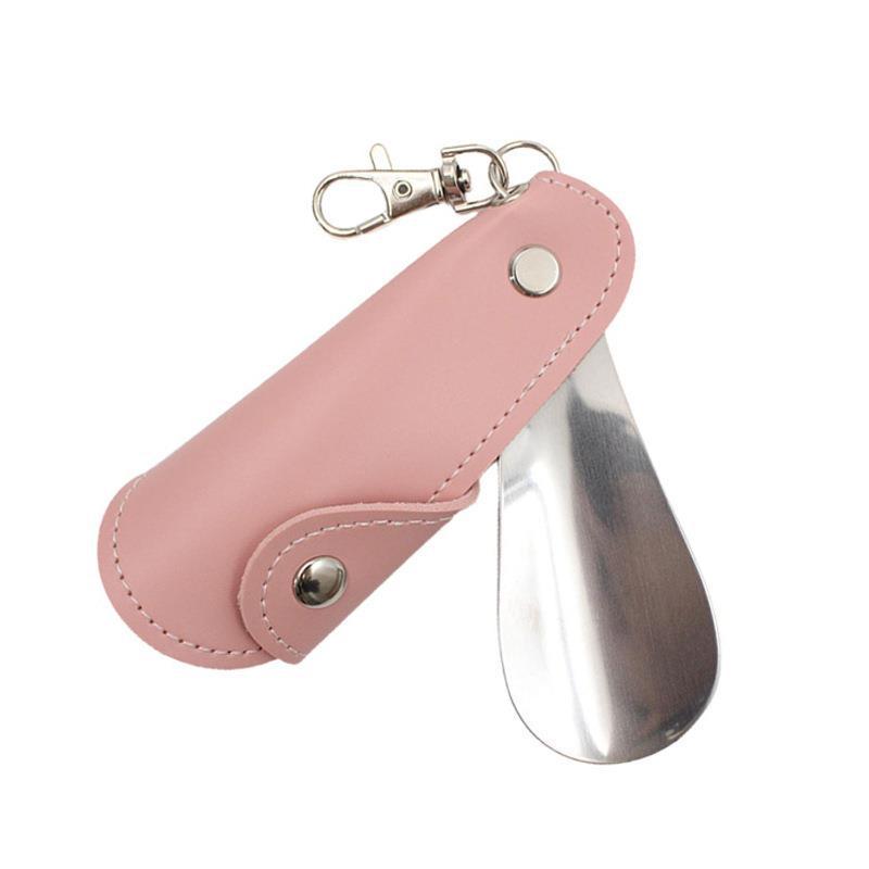 Metal & Leather Shoe Horn with Case - Unisex Mini Portable Shoe Puller with Hanging Buckle