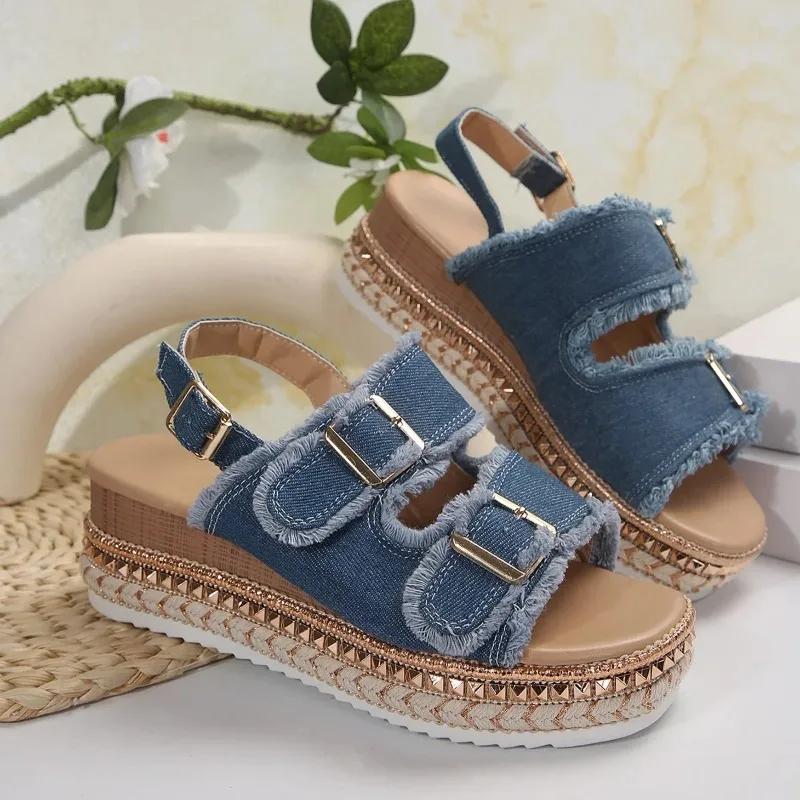 Fashion Women Wedge Sandals Summer Beach Slippers Double Buckle Non-slip Clogs Slides Women Flip Flop Platform Sandals Denim Female