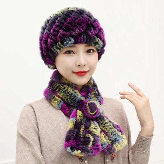 Winter Knitted Natural Fur Hats Scarves Sets Women Warm Real Rex Rabbit Fur Hat Scarf Lady Fashion Thick Rex Rabbit Fur Hat