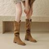 Pleated Knee High Denim Cowboy Boots for Women Autumn Chunky Heels Mid Calf Boots Woman Pointed Toe Western Cowgirl Botas