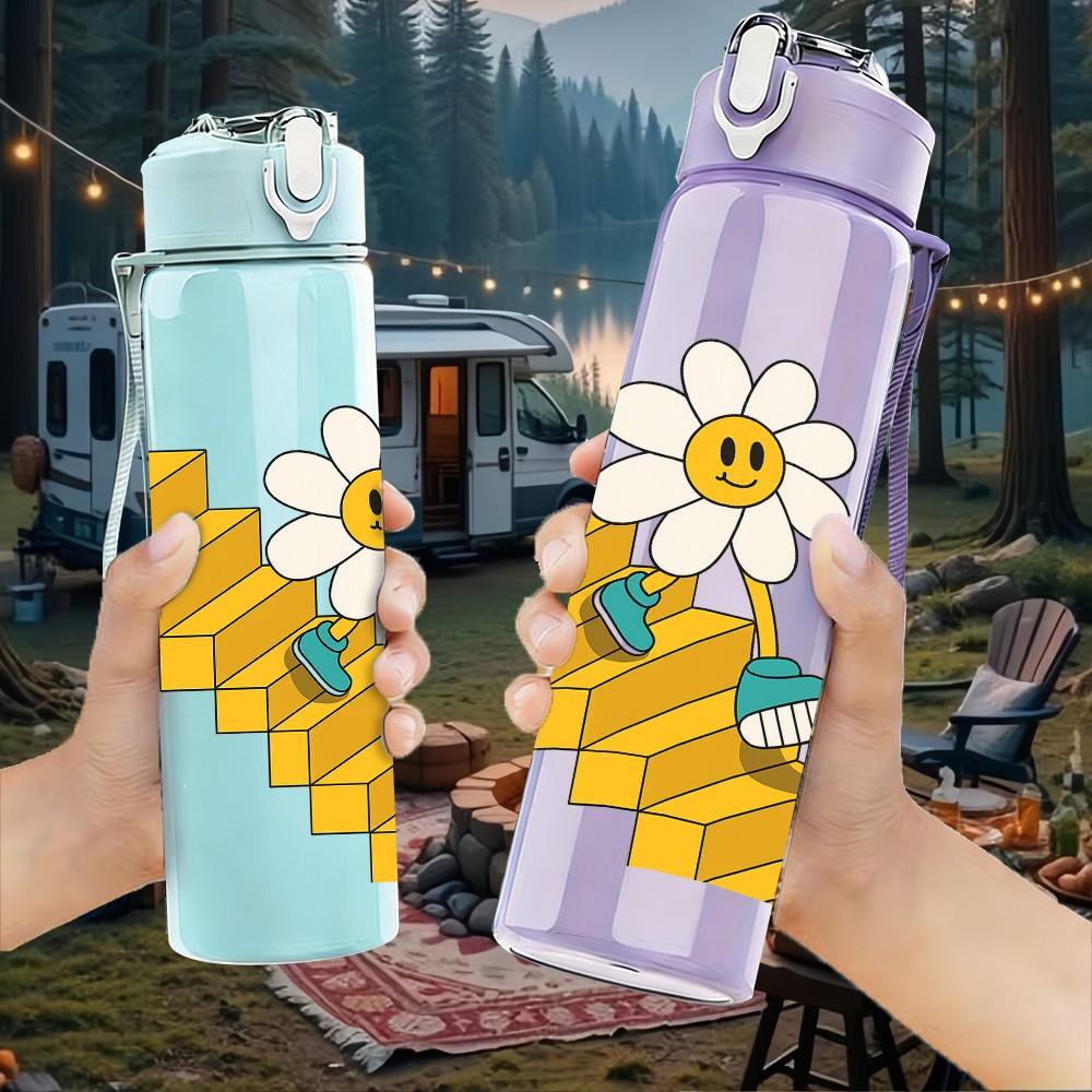 1PC Step Stair Daisy Flower Decor Print 750ml Color Plastic Sports Water Bottle Leakproof Flip Straw Lid Suitable for Sports Office Home Use