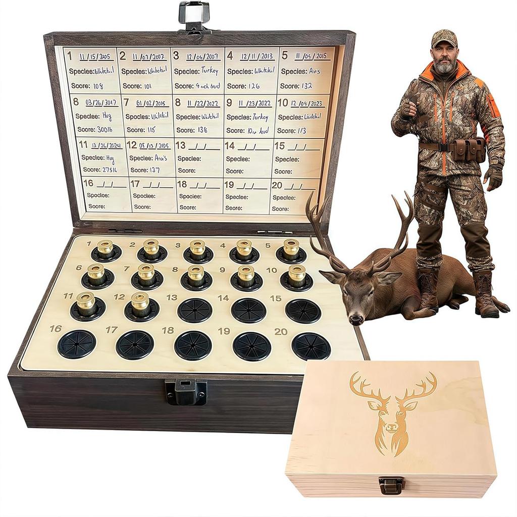 The ’s Memory Box, Wooden Hunting Keepsake Box With 20 Casing Slots, Engraved Stag Display Case With Hunting Log And Lock, Memorial Gifts