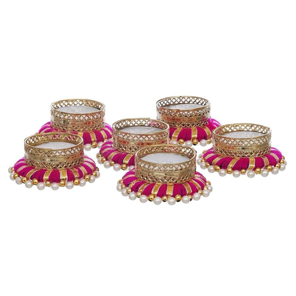 Set of 6 Pink & Golden Round Shaped Beaded Decorative Tea Light Candle Holders - Perfect for Diwali, Navratri, and Christmas Festivals