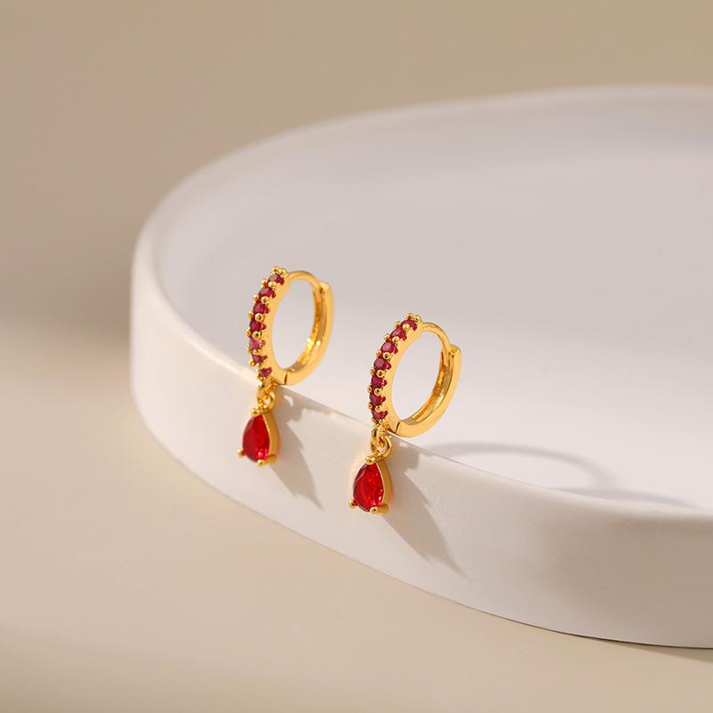 Women 18k Gold Plated Red Zircon Inlaid Delicate Versatile Ear Buckle Earrings