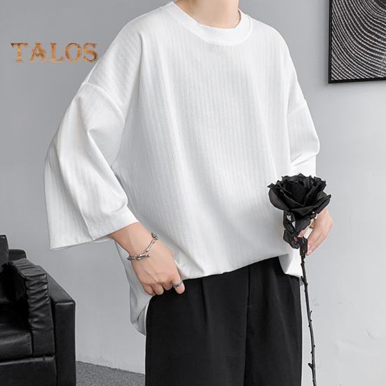 Men's Round Neck T-shirt Three-Quarter Length Sleeves Solid Color T-shirt Casual Style Loose Fit Tee Shirt for Street Travel Vacation