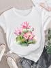 (Asian Size) Watercolor Flower Trend Cute 90s Women Short Sleeve Fashion Clothing Casual Tshirt Female Print Lady Tee Top Graphic T-shirts