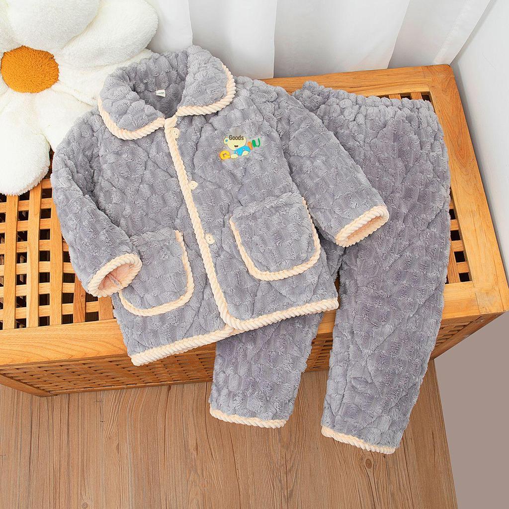 Kids' Winter 3-Layer Quilted Pajamas Coral Fleece Set - Boys, Girls, Babies & Parent-Child Outerwear