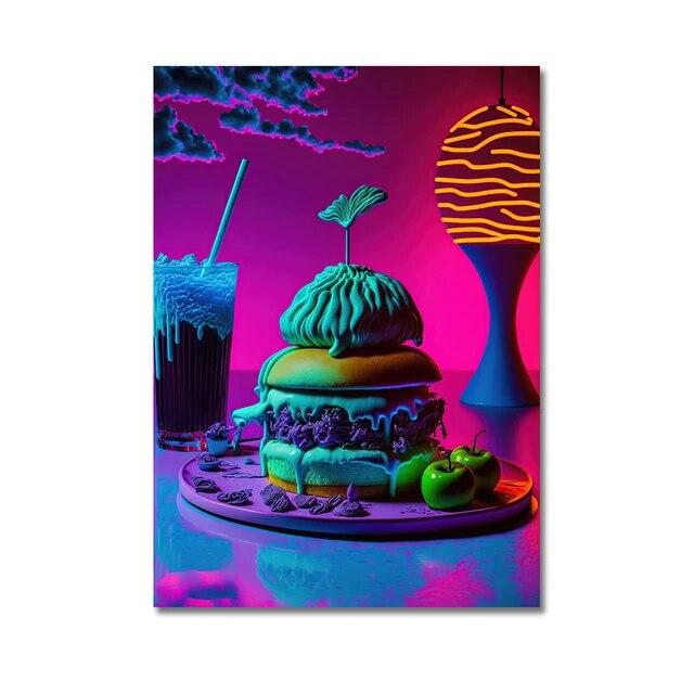 Неоновый арт, пицца, гамбургер, кофе, мороженое, плакат, настенная живопись на холсте, печатные изображения, ресторан быстрого питания, клубный бар, домашний декор без рамки