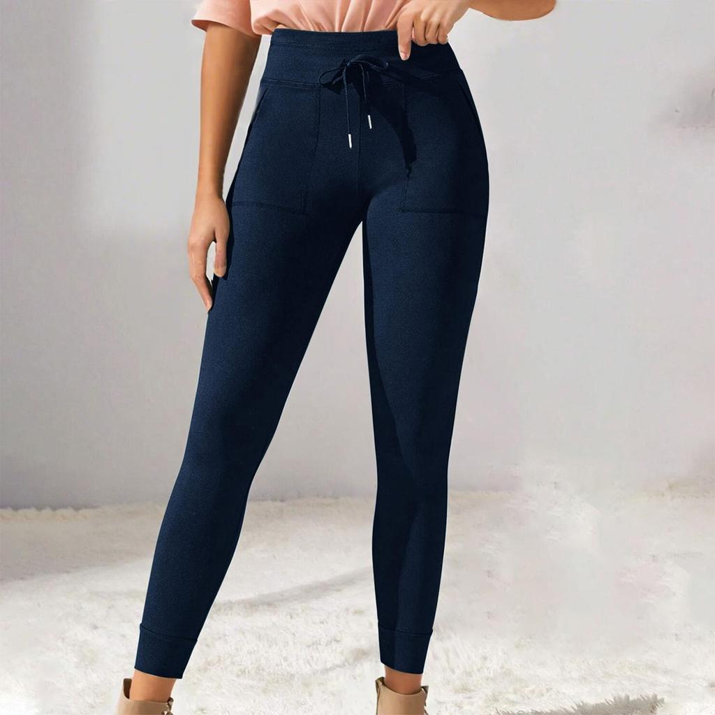 Женские однотонные повседневные брюки с высокой талией и шнуровкой, эластичные облегающие длинные брюки для бега и фитнеса