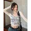 Sexy Letter Print T-shirts Women Korean Y2k Crop Mesh Tops Long Sleeve V-neck Tees Female Streetwear Harajuku Aesthetic